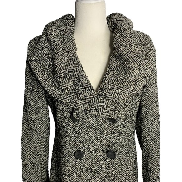 Calvin Klein Tweed Wool Blend Coat 2 Black Grey Herringbone Pockets Tie Belt - Picture 3 of 7